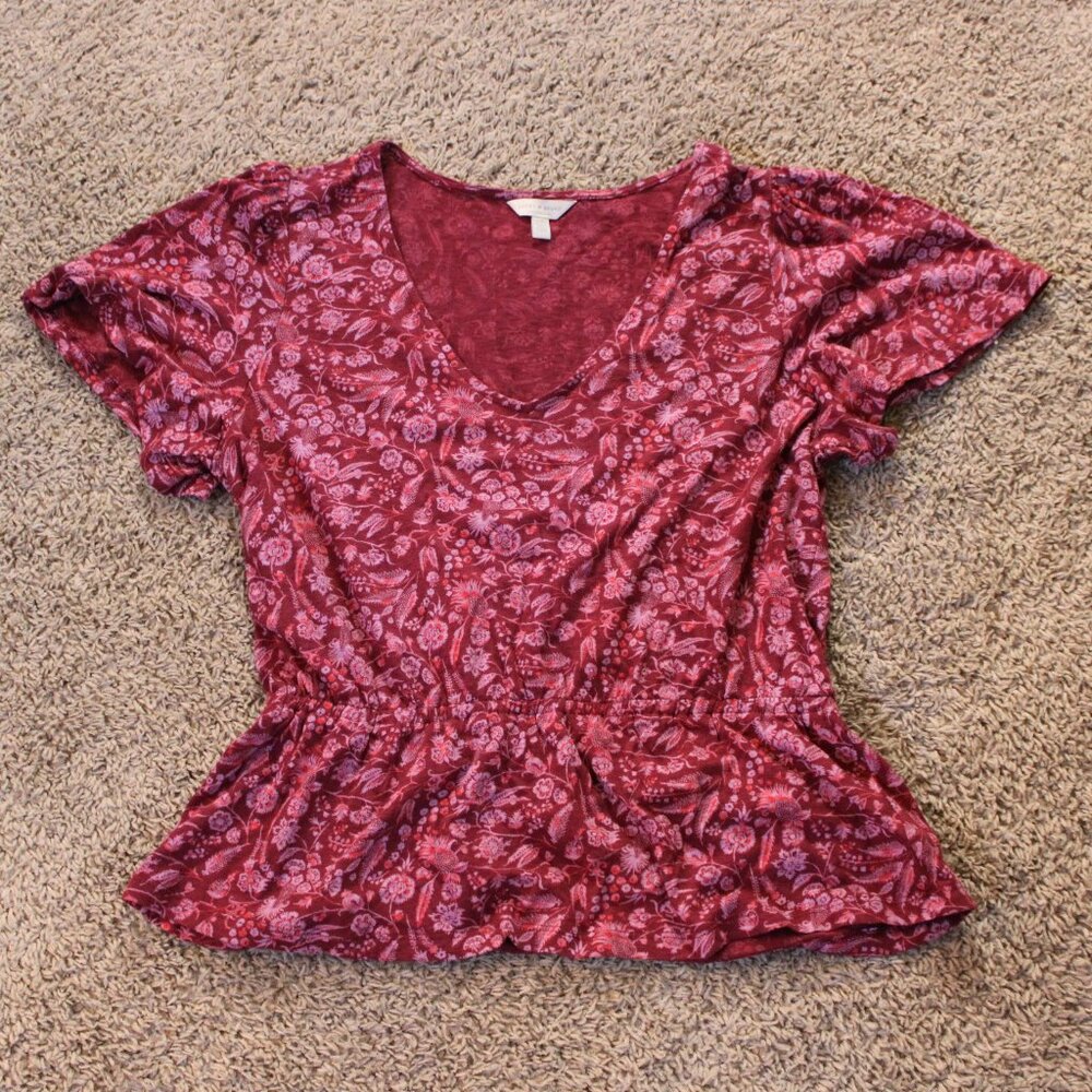 Lucky Brand Red/Pink Floral Elastic Waist Short Sleeve Top Size Large NWOT